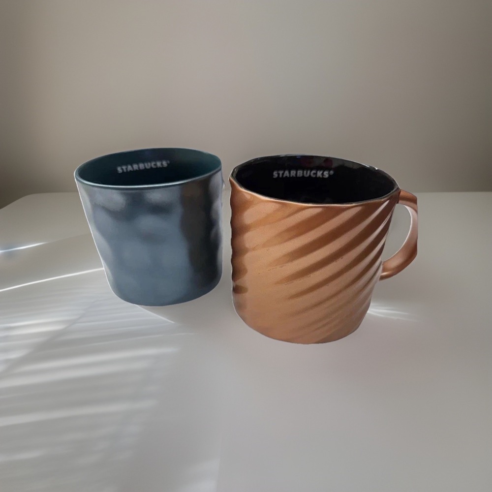 Starbucks Metallic Coffee Mugs (2), 14oz Each, Blue And Bronze